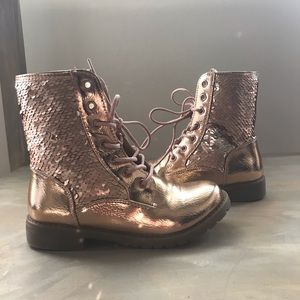 Gently loved  Rose Gold and sequined combat boots